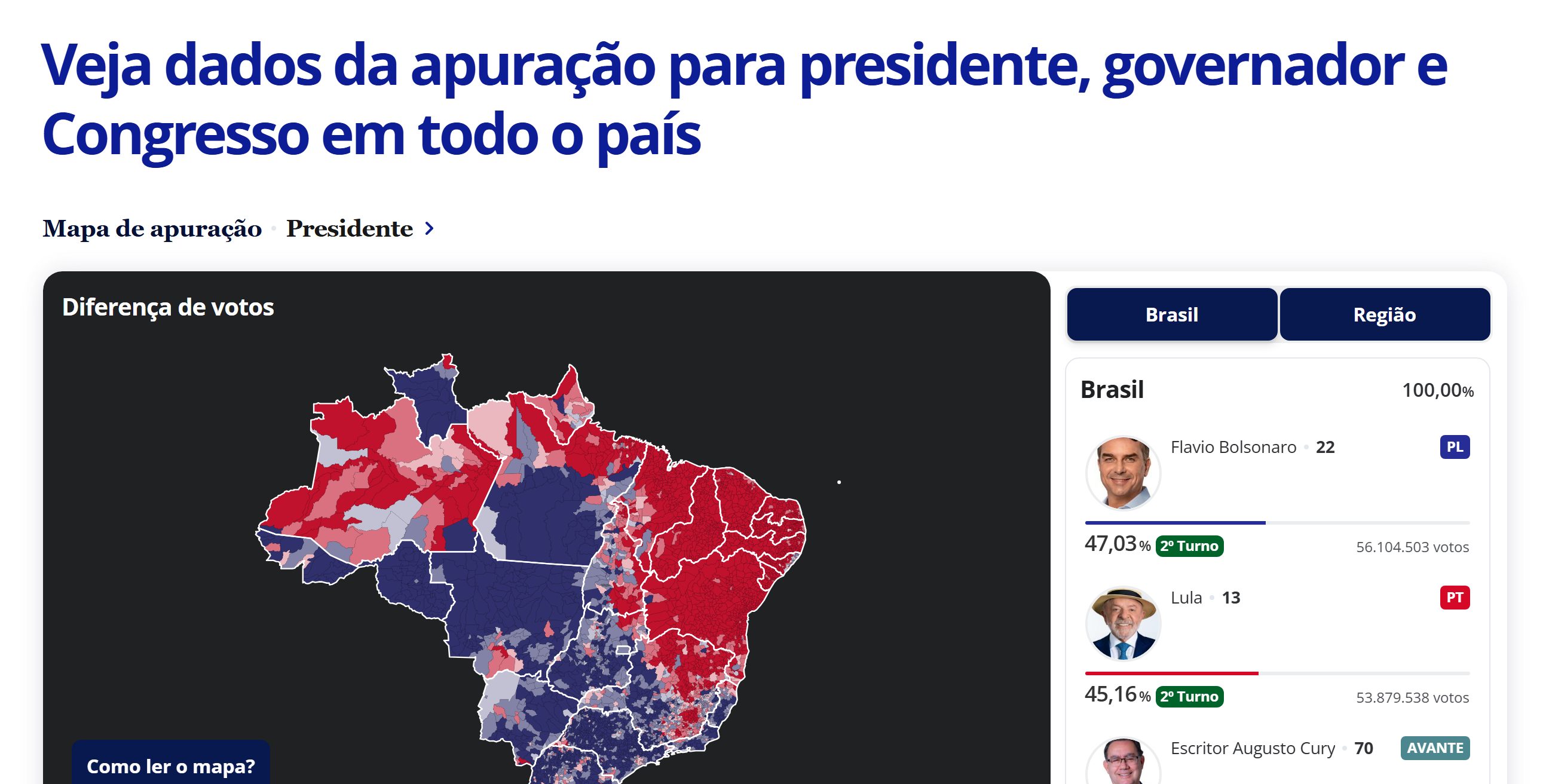 Página da eleição de 2026 no Conexão Política, com o mapa de diferença de votos para presidente por município e a lista dos candidatos mais votados no Brasil